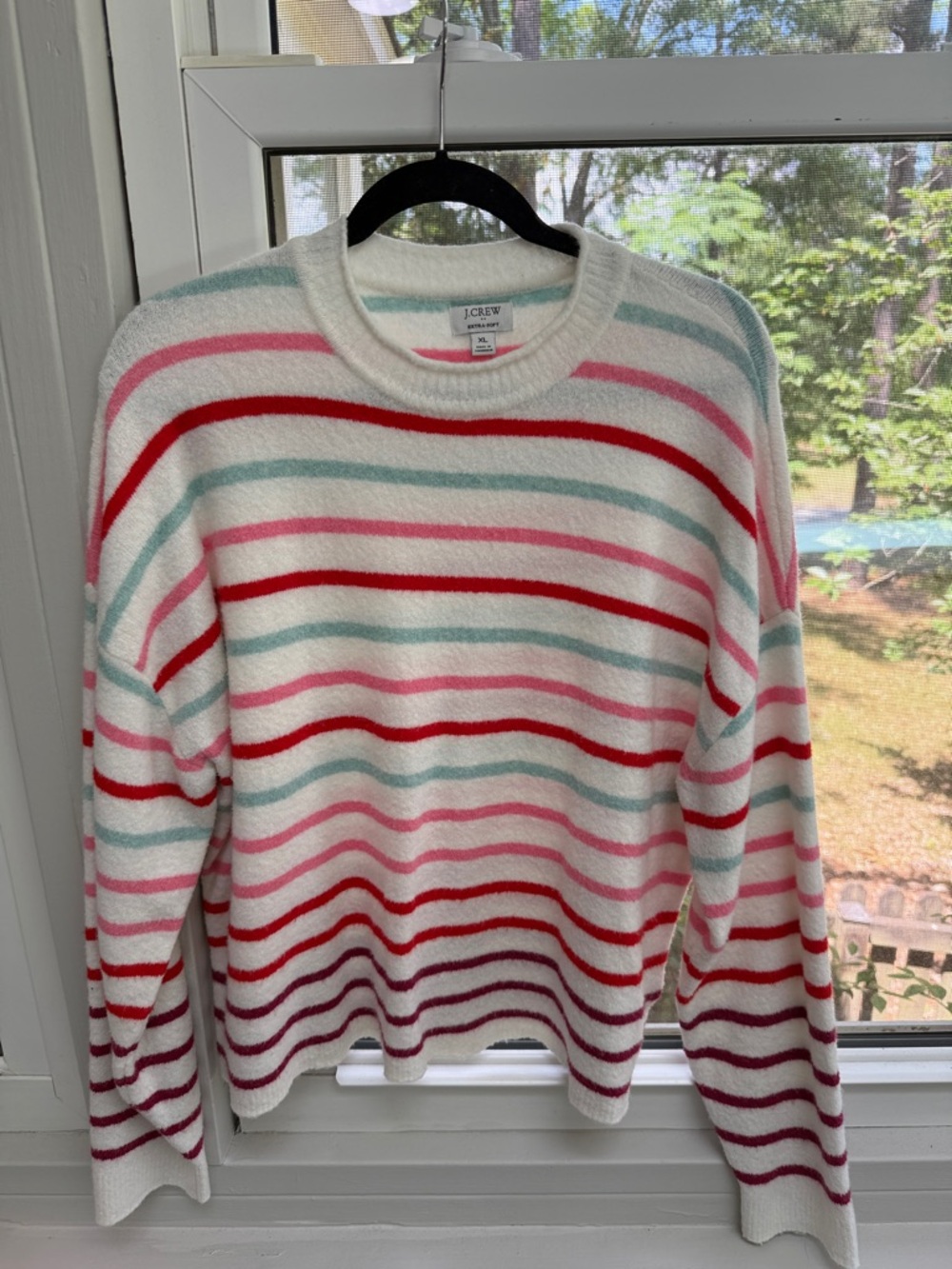 J. Crew Extra-Soft Rollneck Sweater with Pink, Red & Aqua Stripes XL